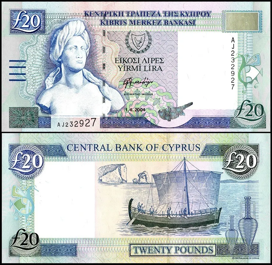 Both sides of the Cypriot twenty-pound note: a bust of Aphrodite, and the Kyrenia ship sailing past Petra tou Romiou