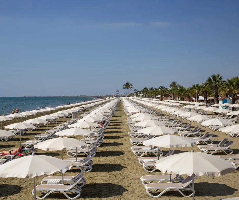 Beach bars and sunbeds along Mackenzie beach in Larnaca