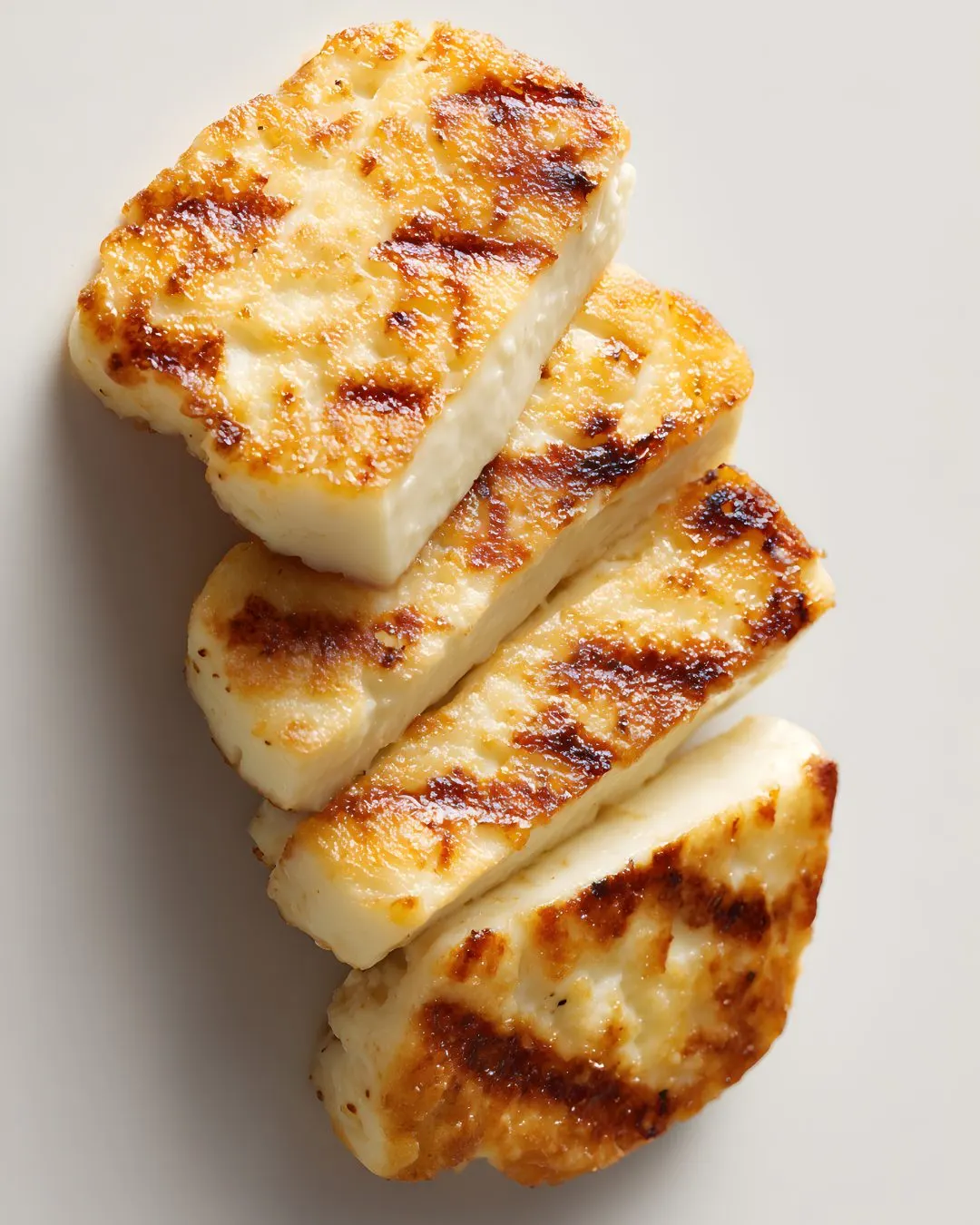 Four thick slices of grilled halloumi, golden with dark griddle marks, overlapping on a pale surface